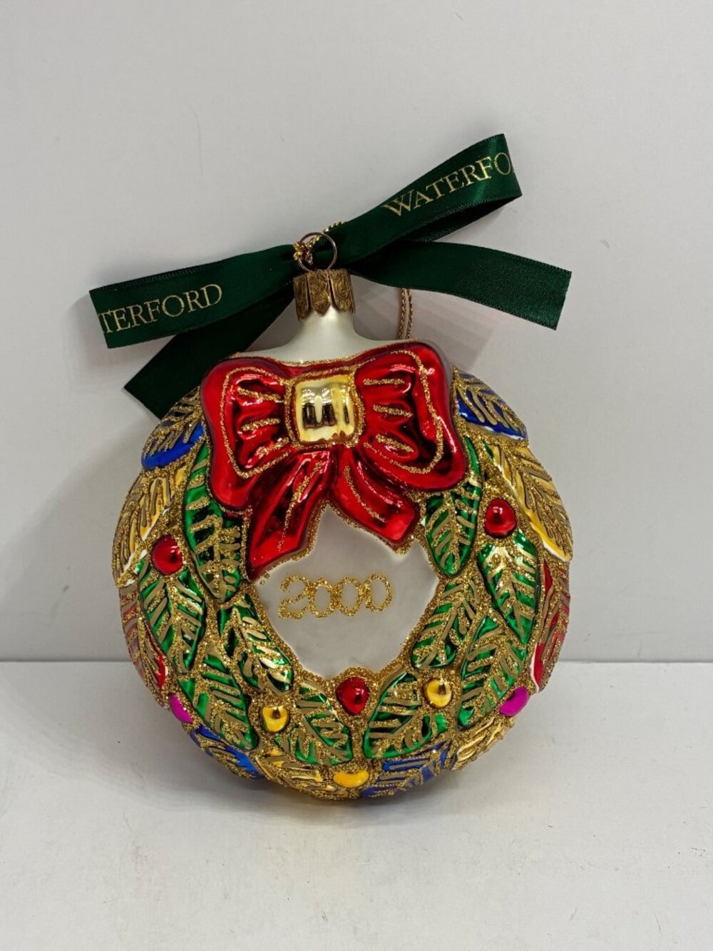 Waterford 2000 Wreath Ornament With Red Bow & Gold Accents